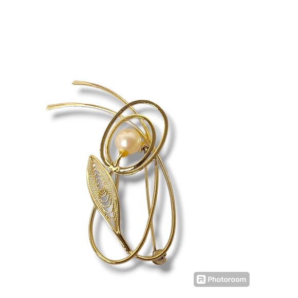 Vintage Gold Tone Filigree Imitation Pearl Flower Brooch - Picture 5 of 6